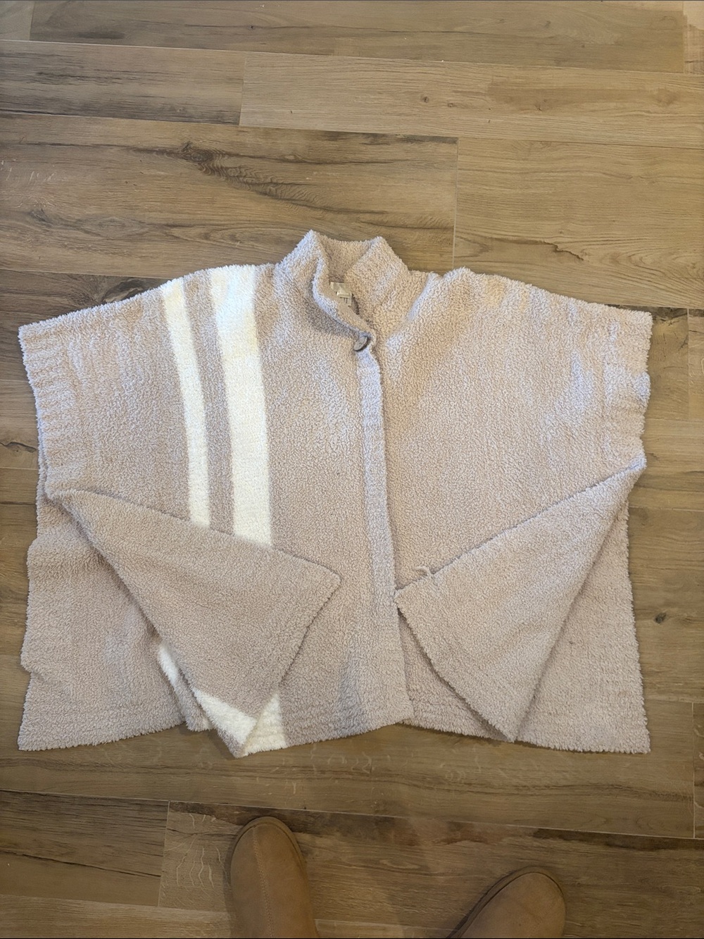 Barefoot Dreams Beige Bouclé Open Poncho with White Stripes